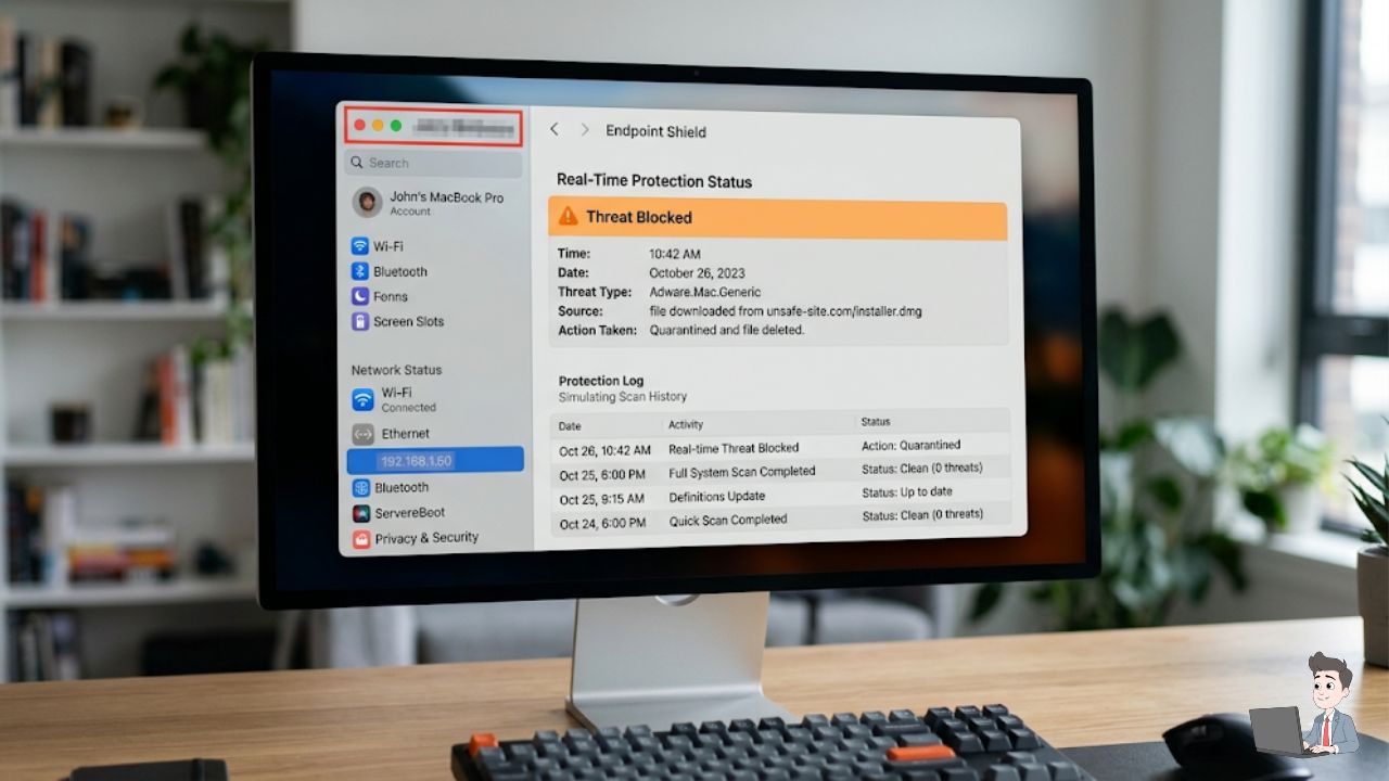 A screenshot of an Endpoint Detection or Antivirus dashboard (like Windows Security or a Mac firewall) showing a "Threat Blocked" or "Scan History" log. Crucial: Blur out your computer name or IP address.