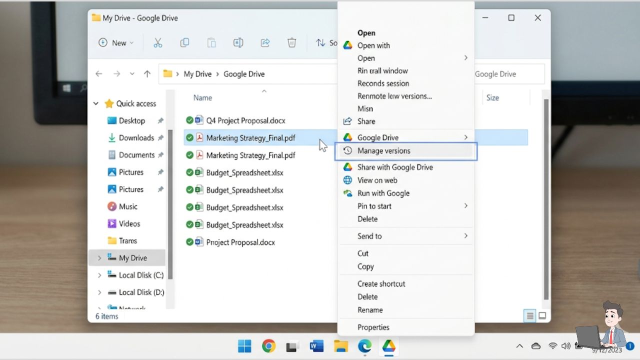 A screenshot of Google Drive, Dropbox, or Backblaze on your desktop. Right-click a file and take a screenshot of the "Manage Versions" or "Version History" menu to visually prove the difference between syncing and backing up.