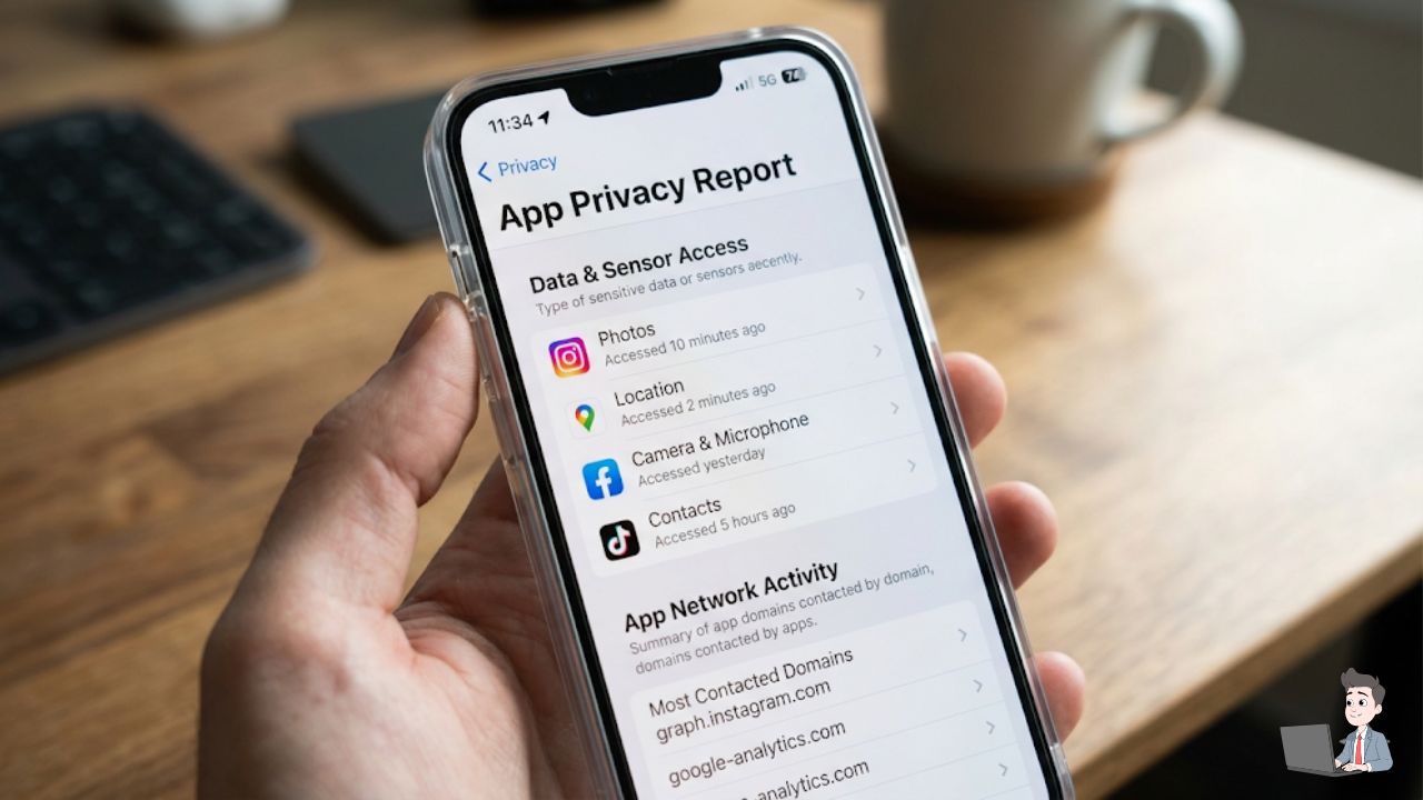 A screenshot of an iPhone's App Privacy Report screen or an Android's Play Protect scan screen.