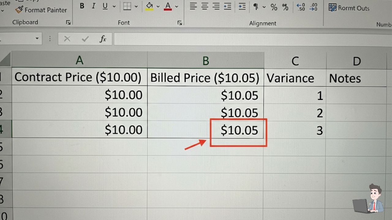 A raw screenshot of an Excel file or Google Sheet. Show two columns: "Contract Price ($10.00)" and "Billed Price ($10.05)." Draw a simple red box or arrow around the $0.05 variance.