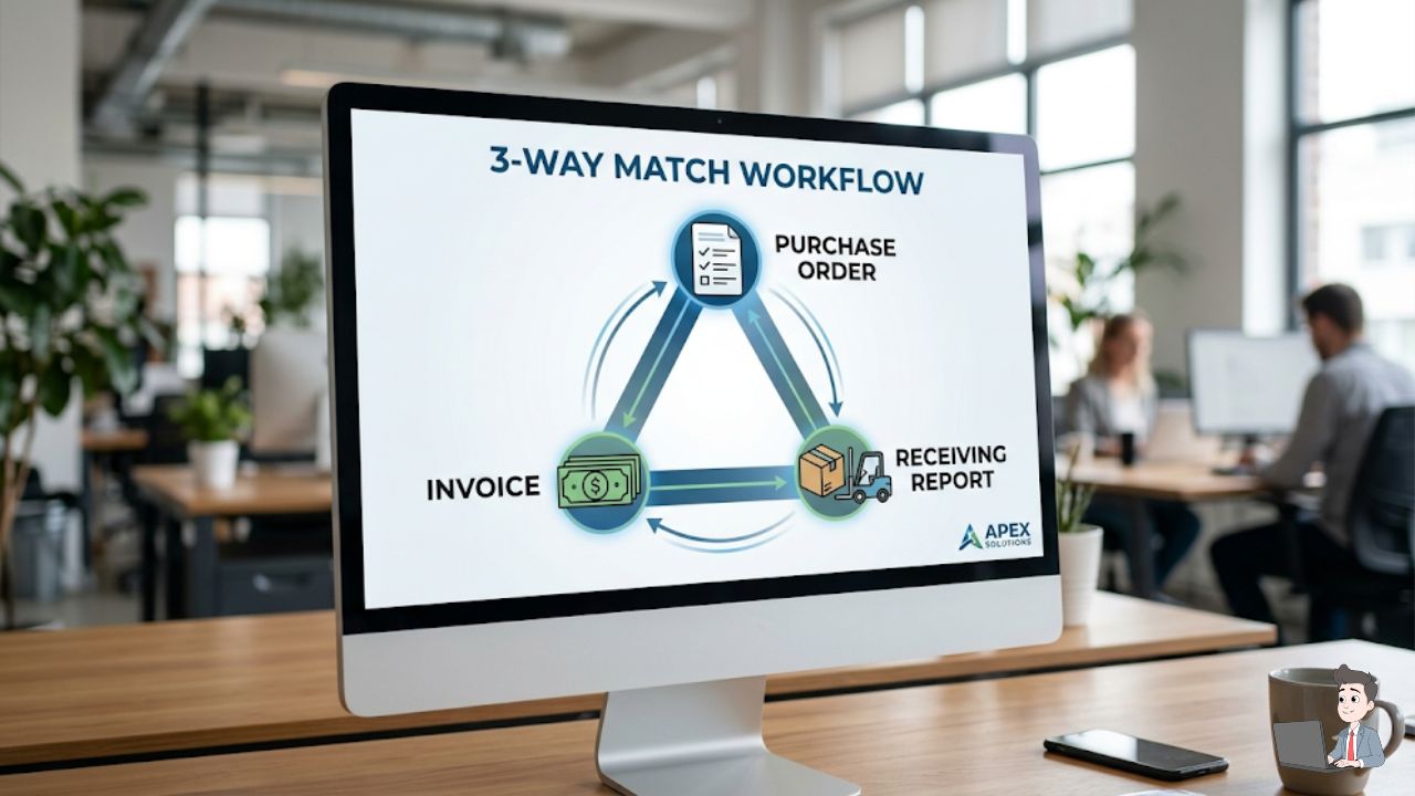 A clean, branded graphic showing a triangle connecting a "Purchase Order," a "Receiving Report," and an "Invoice." This helps readers visualize the technical workflow.