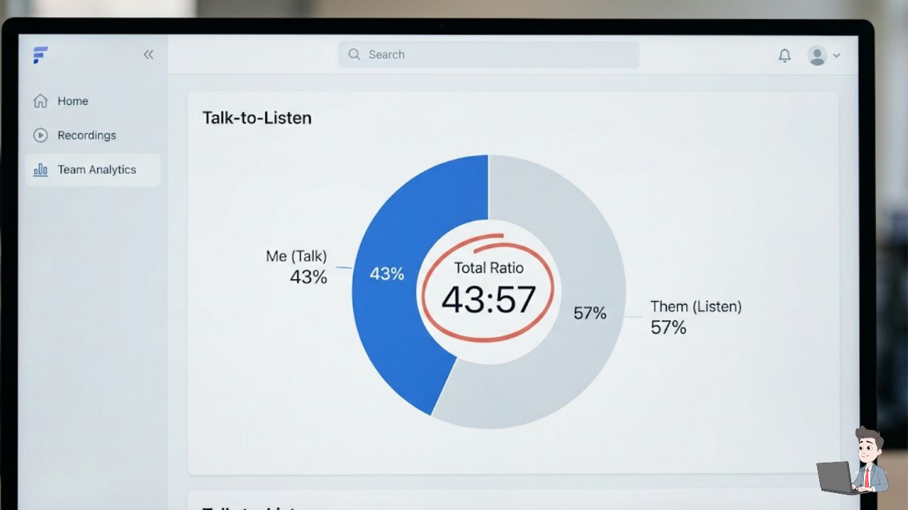 A clean screenshot of a "Talk-to-Listen" pie chart from a tool like Gong or Fathom. Ensure the UI looks modern and minimalist. Draw a subtle circle around the 43:57 ratio mentioned in the text.