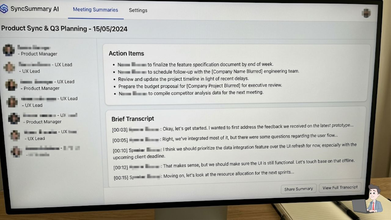 A screenshot of an AI-generated meeting summary. It should show bulleted action items and a brief transcript. Blur out any real names or sensitive company data to show a commitment to privacy.