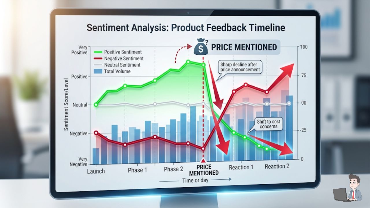 A visual graph showing "Sentiment Analysis." Show a timeline where the "Positive Sentiment" drops sharply when a price is mentioned. This serves as powerful "Information Gain" for the reader.