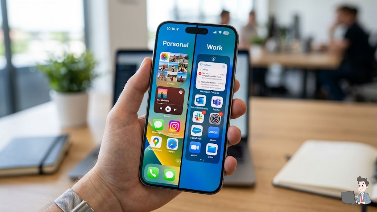A visual representation of the "Work Bubble" on a smartphone. Show a split screen of a phone: one side labeled "Personal" (Photos, Music) and the other labeled "Work" (Encrypted, Outlook).