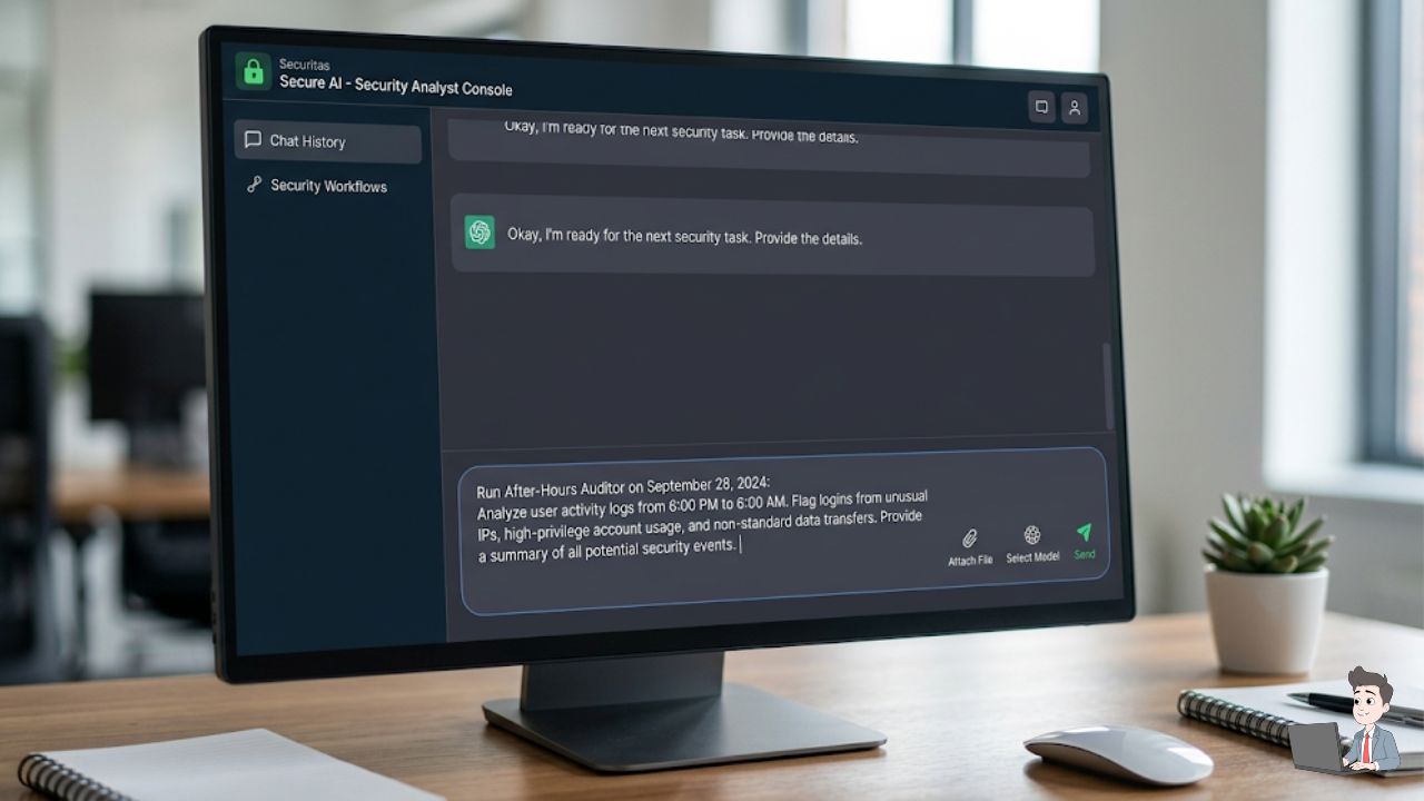 A screenshot of a clean, dark-mode AI interface (like Gemini or a secure LLM) showing the "After-Hours Auditor" prompt being entered. This bridges the gap between security and AI.