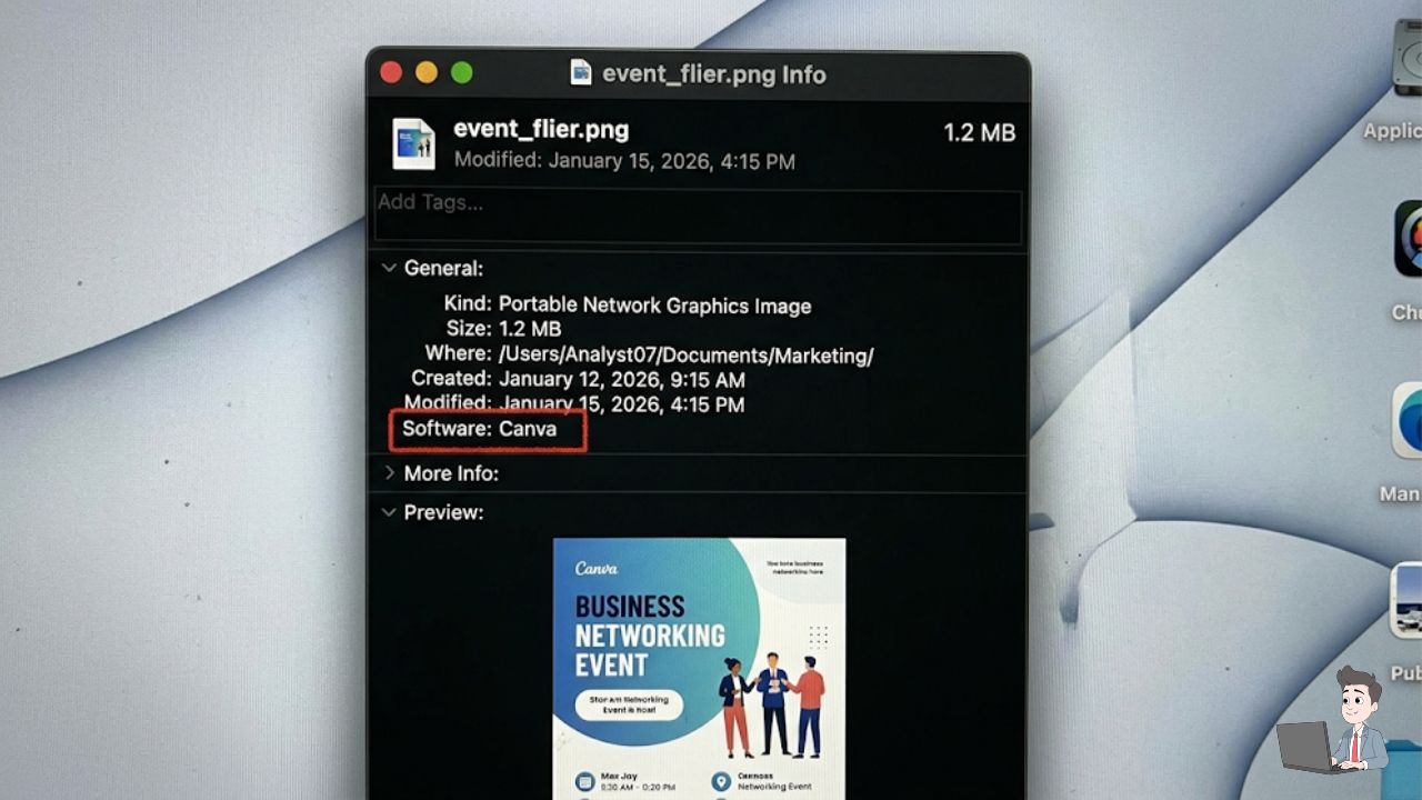 A screenshot of a computer's "File Properties" or "Get Info" window showing the metadata of an image file. Draw a subtle red box around the "Software: Canva" or "Modified Date" line to visually demonstrate the concept of digital footprints.