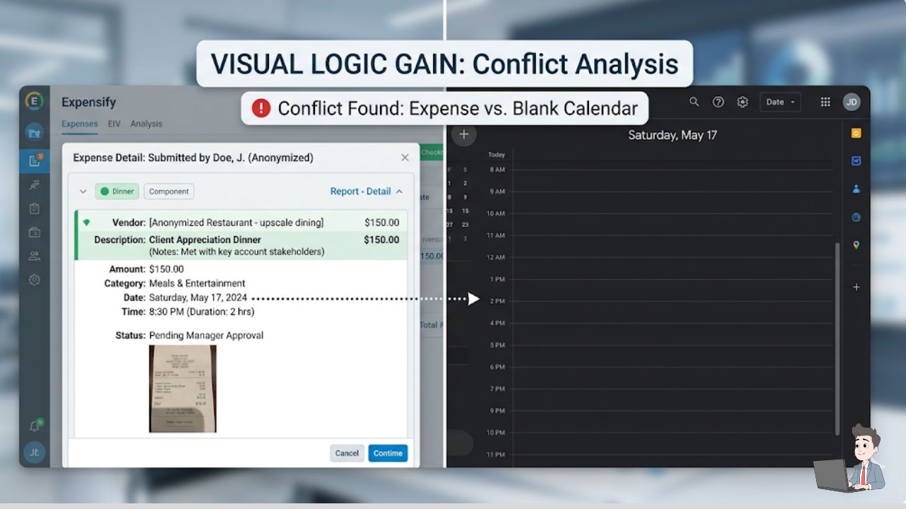 A clean, anonymized split-screen graphic. On the left: a $150 dinner expense submitted for a Saturday night. On the right: a completely blank Google Calendar for that same Saturday. This provides massive "Information Gain" by letting the reader visualize the logic.