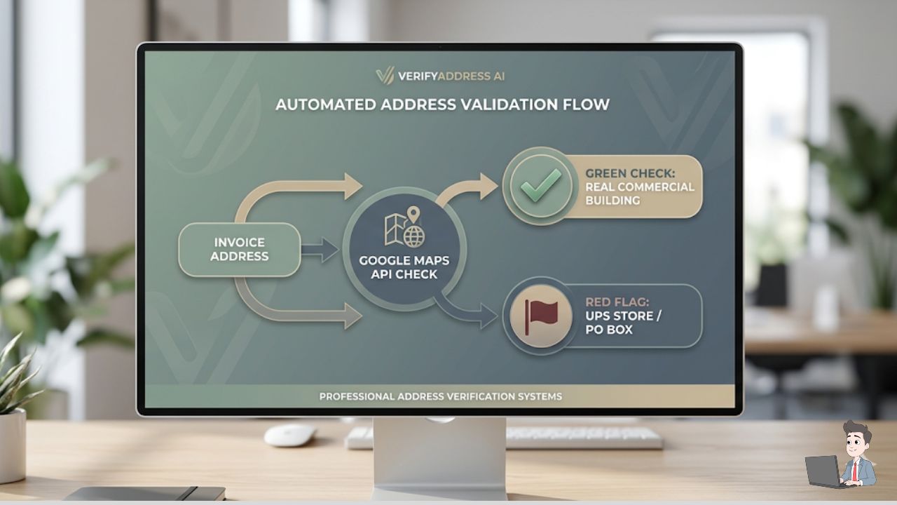 A sleek, branded flowchart diagram. It should show an "Invoice Address" flowing into a "Google Maps API Check," branching out into "Green Check: Real Commercial Building" and "Red Flag: UPS Store PO Box." Use your brand's muted tones (sage, slate, sand).