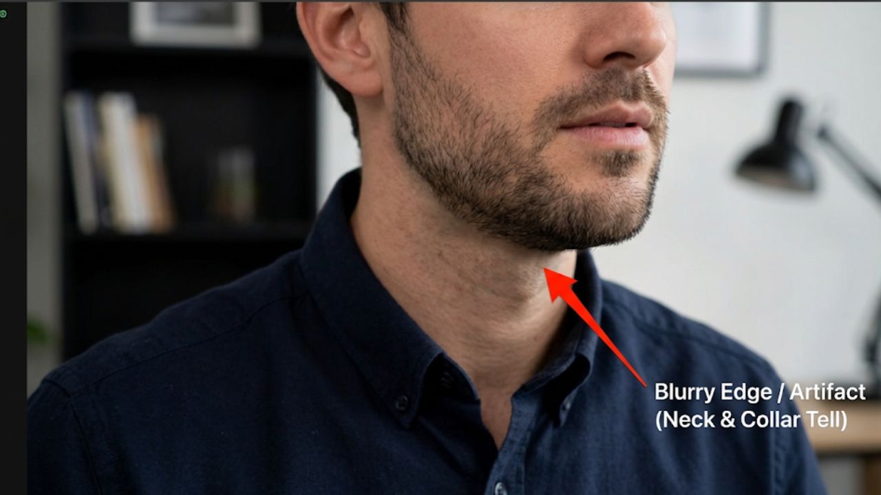 A high-resolution close-up of a jawline from a video call. Use a red arrow to point to a "blurry edge" where the digital face meets the real neck. This visually proves the "Neck and Collar" tell.