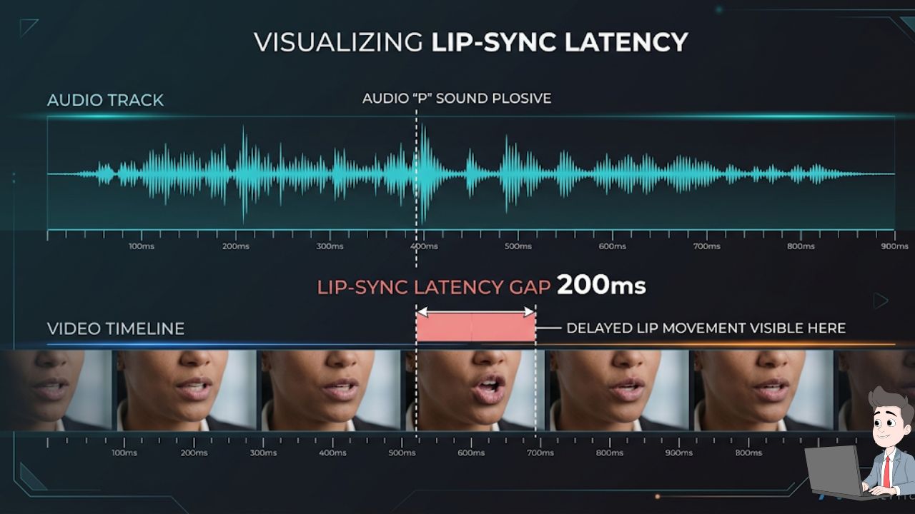 A sleek, branded infographic showing an audio waveform and a video frame timeline. Mark a clear, 200ms gap between the "P" sound and the lip movement to visualize the "Lip-Sync Latency."
