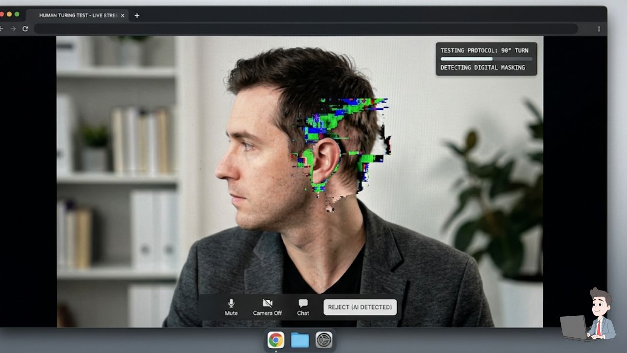 A screenshot of a "Human Turing Test." Show a candidate on a screen turning their head 90 degrees, with the "AI mask" visibly slipping or distorting near the ear/back of the head.
