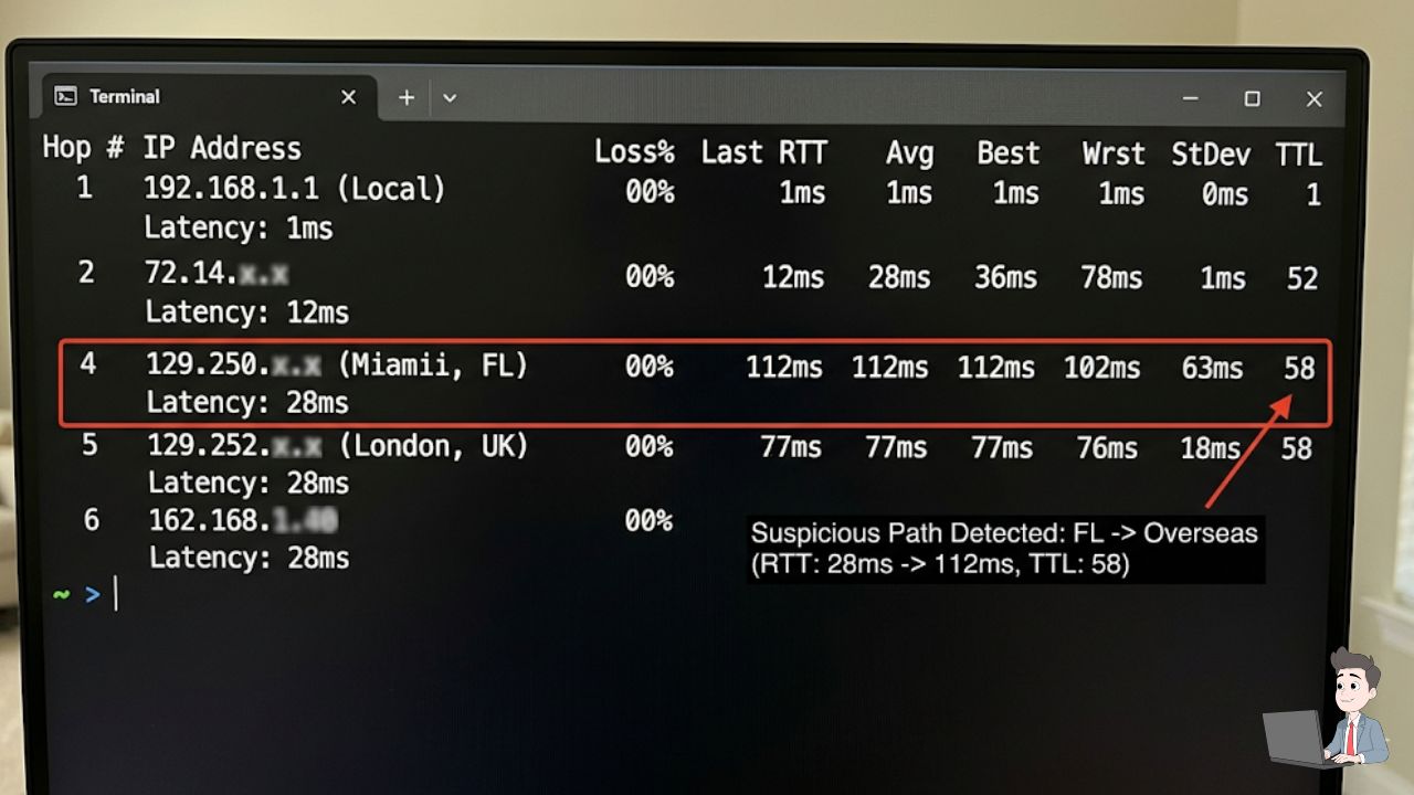 A dark-mode screenshot of a terminal or network log. Highlight a specific line showing a "TTL" (Time to Live) value and a suspicious hop path (e.g., Florida IP -> Overseas latency).