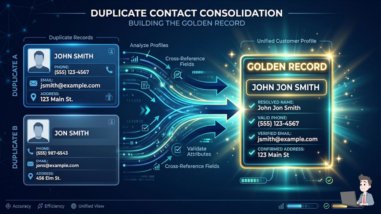 A sleek, professional infographic showing two contact cards ("John Smith" and "Jon Smith") converging into a single, glowing "Golden Record." Use sharp, high-contrast brand colors (like navy blue and bright teal) to make the logic visually pop.