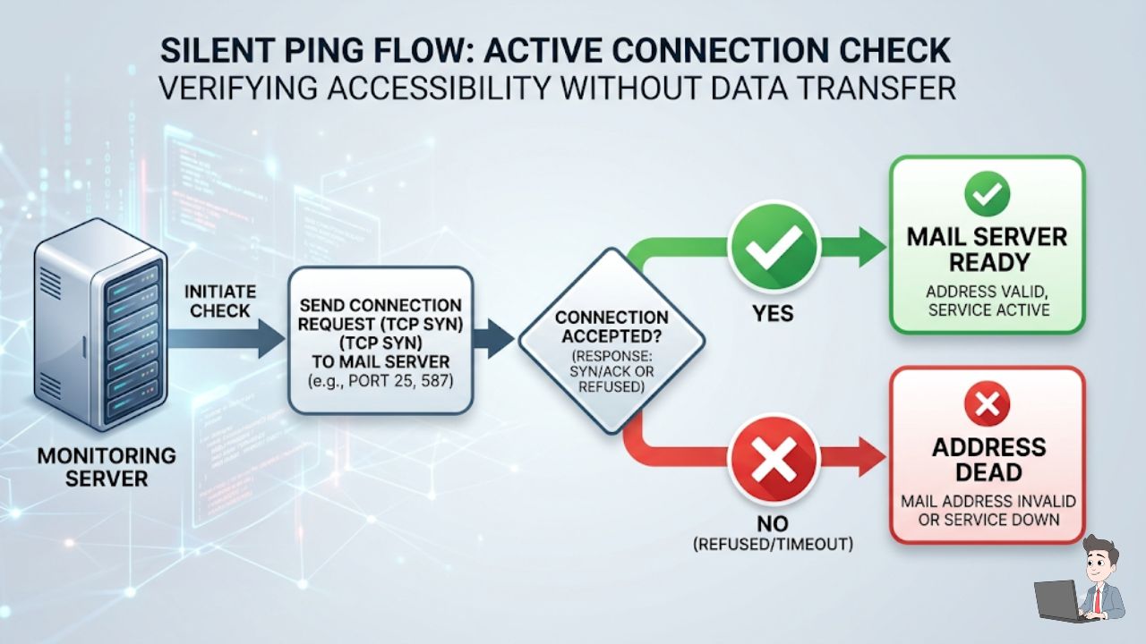 A clean flowchart demonstrating the "Silent Ping." Show a server icon sending a signal to a mail server, with a green checkmark path for "Ready" and a red "X" path for "Dead Address." This visually breaks down a complex technical concept for the reader.