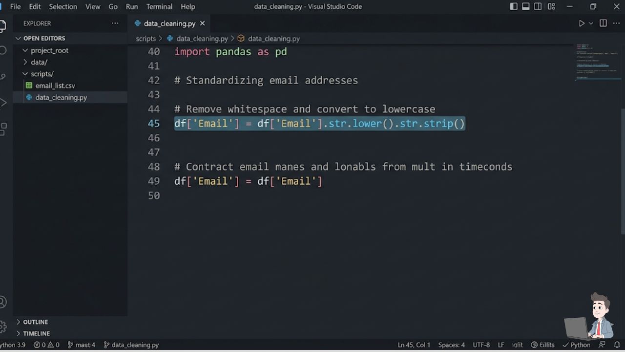 A sharp, dark-mode screenshot of a modern code editor (like VS Code) displaying the Pandas Python script. Add a subtle, professional highlight over the df['Email'].str.lower().str.strip() line to emphasize the "Trim Trick" mentioned in the text.