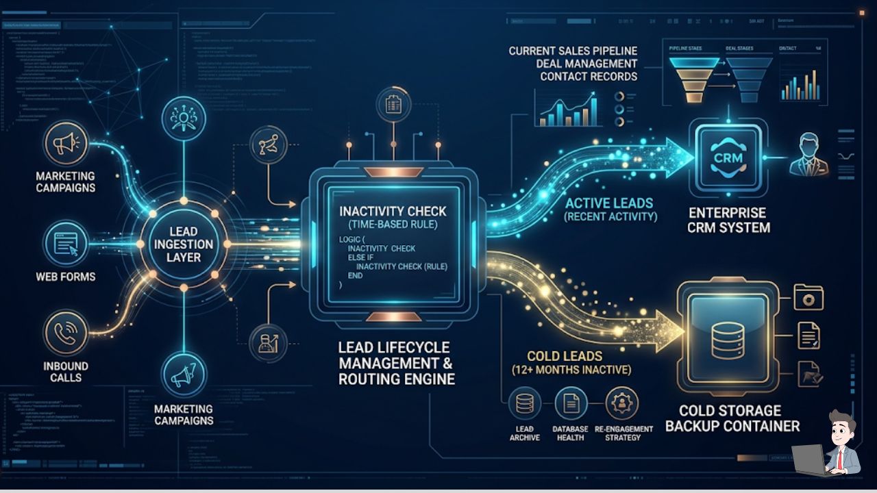 A modern data architecture diagram showing "Active Leads" flowing into a CRM, and "Cold Leads" (12+ months inactive) being routed into a secondary "Cold Storage Backup" container.