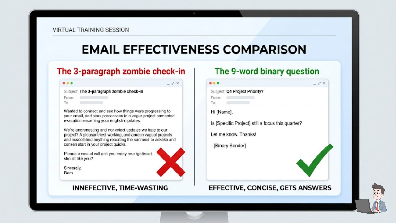 A sharp, clean graphic comparing two emails side-by-side. Left side: "The 3-paragraph zombie check-in" (red 'X'). Right side: "The 9-word binary question" (green checkmark). This visually teaches the concept.