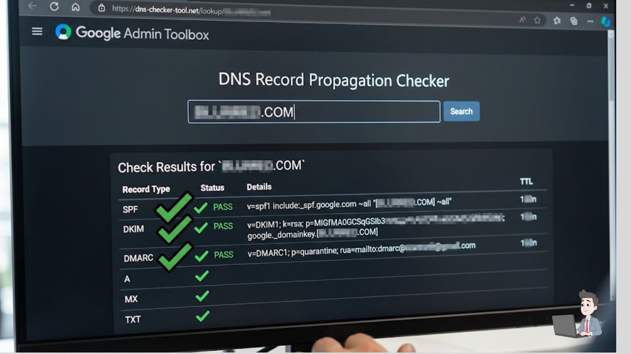 A screenshot of a DNS propagation checker (e.g., Google Admin Toolbox or MXToolbox) showing green checkmarks next to SPF, DKIM, and DMARC. Crucial: Blur out your domain name.