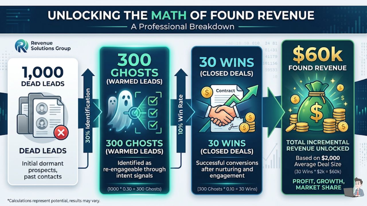 A sleek, branded infographic breaking down the "Math of Found Revenue." 1,000 dead leads $\rightarrow$ 300 Ghosts $\rightarrow$ 30 Wins $\rightarrow$ $60k Found Revenue.