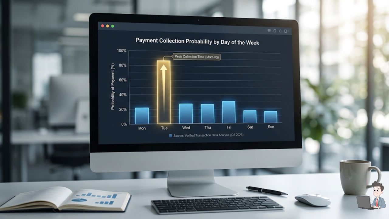 A bar chart visualization showing "Probability of Payment" across the days of the week, with a significant spike on Tuesday morning. This proves the "Tuesday Morning" strategy is rooted in data, not just opinion.