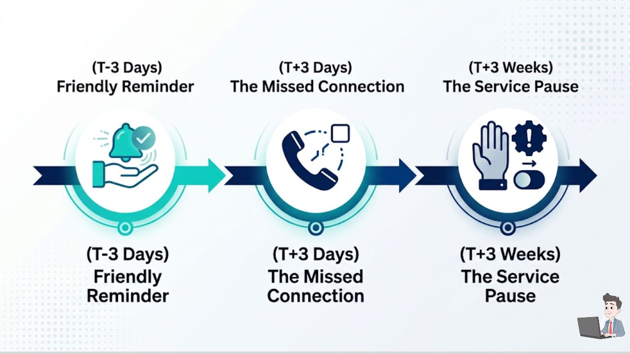 A horizontal timeline flowchart. Marker 1: (T-3 Days) Friendly Reminder. Marker 2: (T+3 Days) The Missed Connection. Marker 3: (T+3 Weeks) The Service Pause. This turns a text list into a "business process."