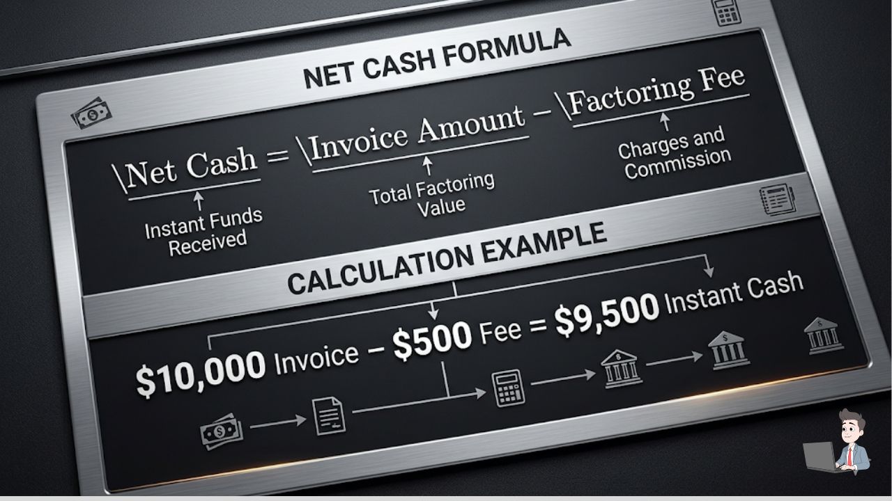A clean, high-contrast graphic displaying the LaTeX formula for Net Cash. Use bold numbers to show an example (e.g., $10,000 Invoice - $500 Fee = $9,500 Instant Cash).