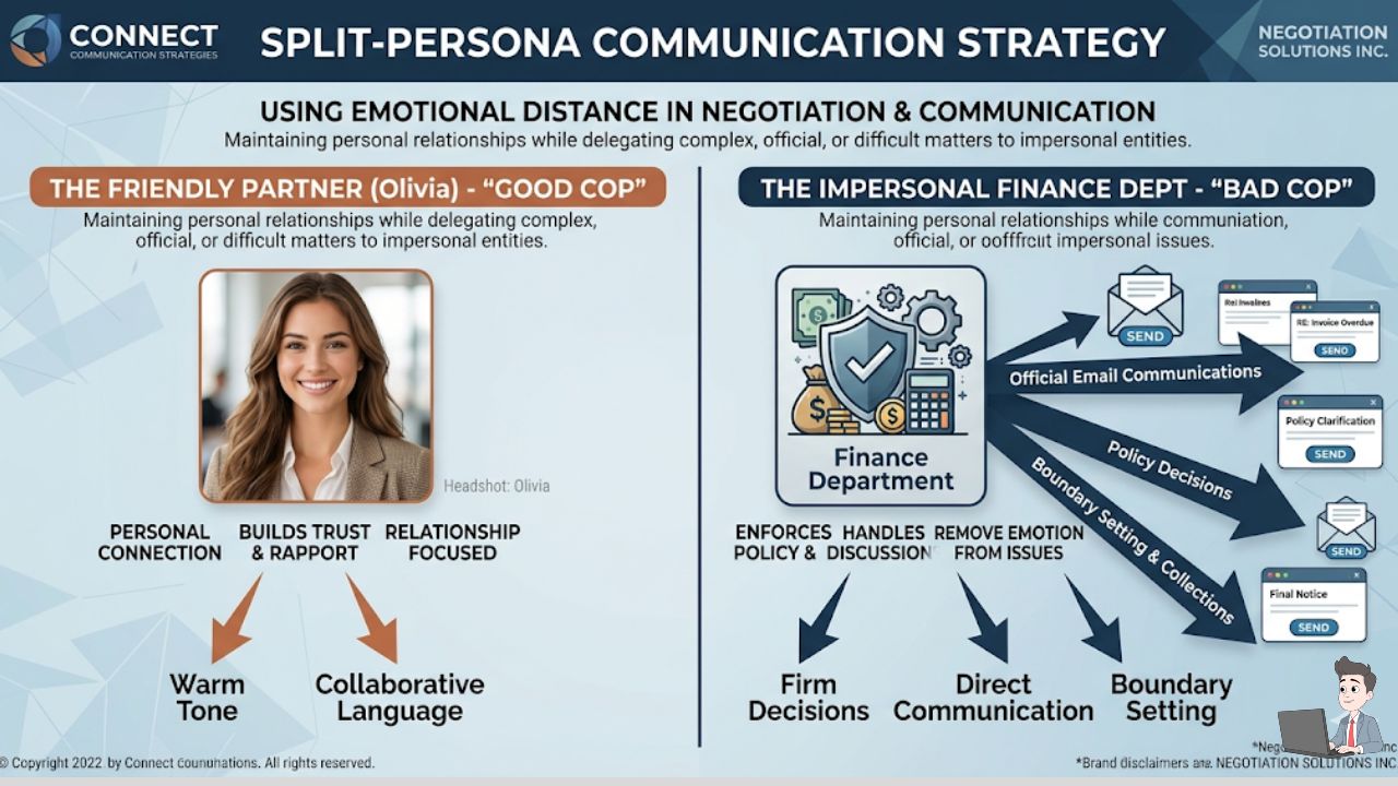 A "Split-Persona" graphic. On the left, a friendly headshot of "Olivia" (The Partner). On the right, a professional "Finance Dept" icon (The Bad Cop). Arrows show emails coming from the Finance icon to emphasize the emotional distance strategy.