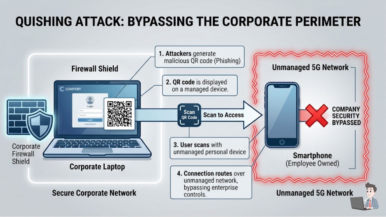A clean, high-contrast flowchart. Show a corporate laptop protected by a "Firewall Shield." An arrow points to a smartphone labeled "Unmanaged 5G Network," demonstrating how the QR code forces the user to jump outside the company's security perimeter.