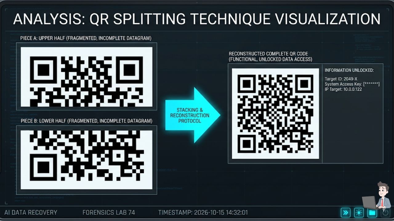 A visual breakdown of "QR Splitting." Show two broken, half-images of a QR code on the left, with an arrow pointing to the right showing them stacked together into a perfect square. This provides massive "Information Gain" by visualizing a complex hacking tactic.