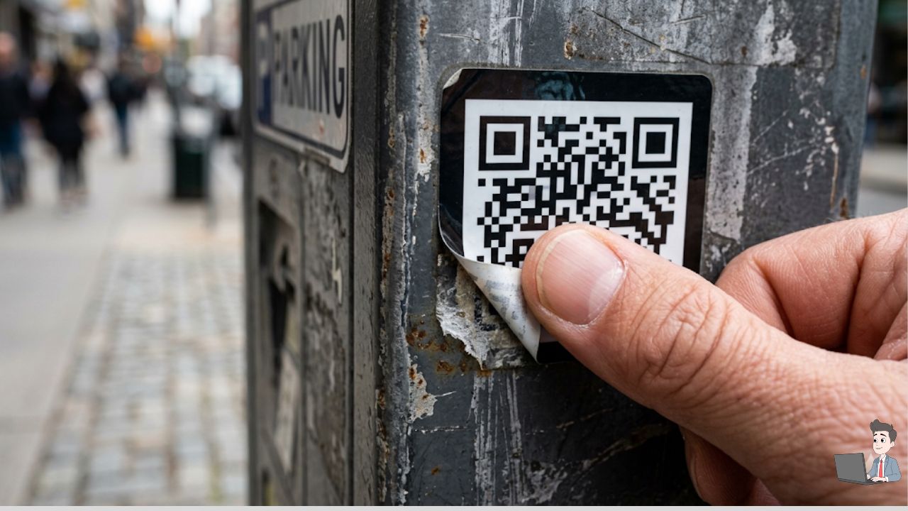 A macro (close-up) photograph of a thumb touching the corner of a glossy QR code sticker attached to a metal surface (like a parking meter). The corner of the sticker should be slightly peeling up to visually demonstrate the "Tactile Check."
