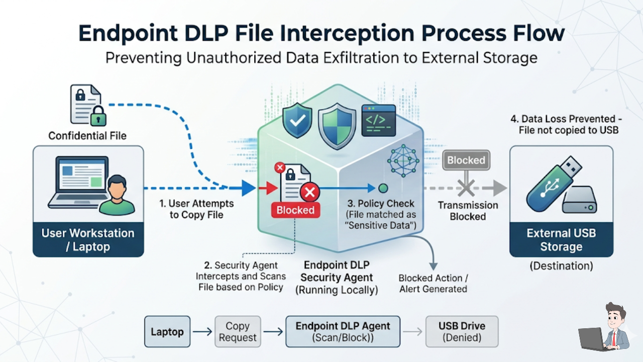 A clear diagram or flowchart showing how Endpoint DLP (Data Loss Prevention) intercepts a file. It should show a file moving from "Laptop" toward "USB" but being stopped by a "Security Agent" block.