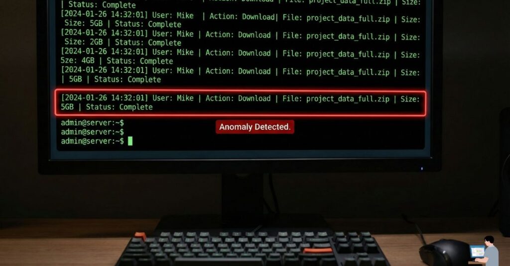 AI security analysis interface detecting an anomaly in server access logs.