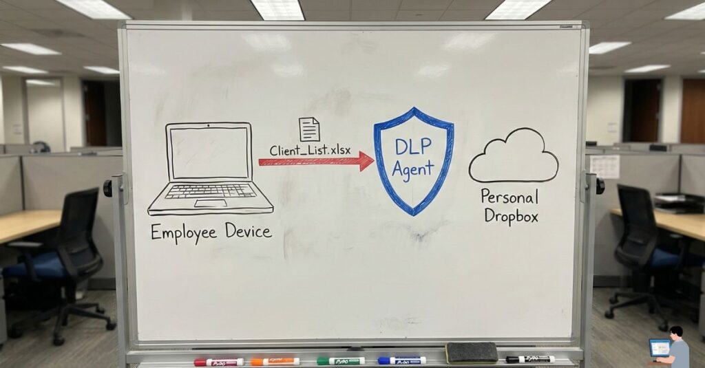 Diagram showing Data Loss Prevention (DLP) software blocking an unauthorized file upload to personal cloud storage.