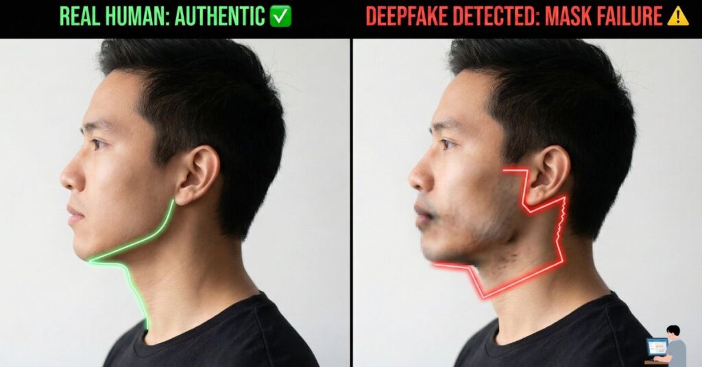 Diagram showing deepfake detection failure during a side profile test, highlighting the neck artifact glitch.