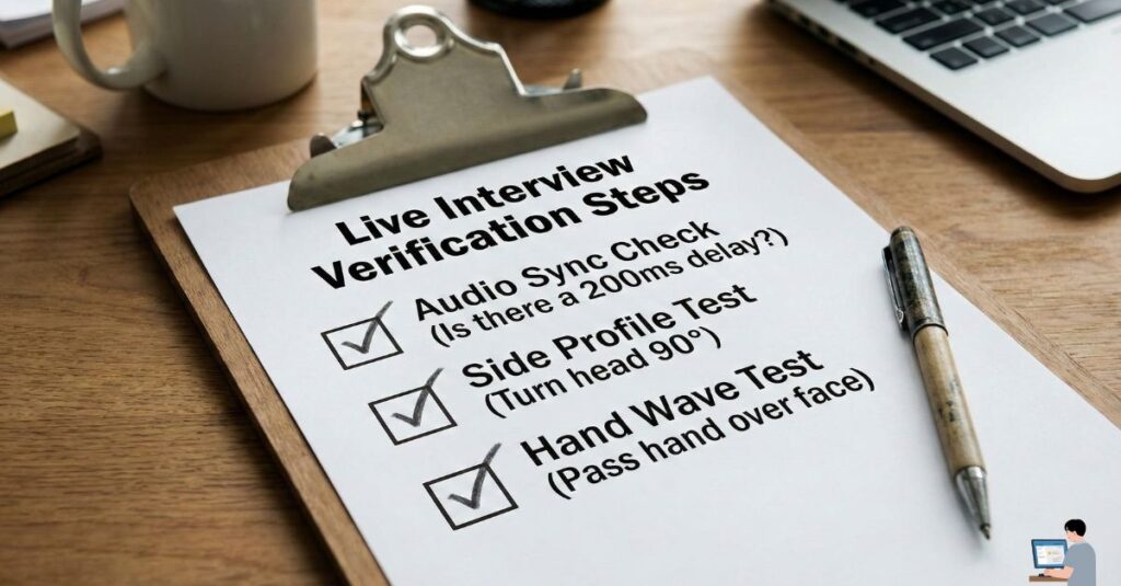 Checklist for recruiters to detect deepfake candidates during video interviews.