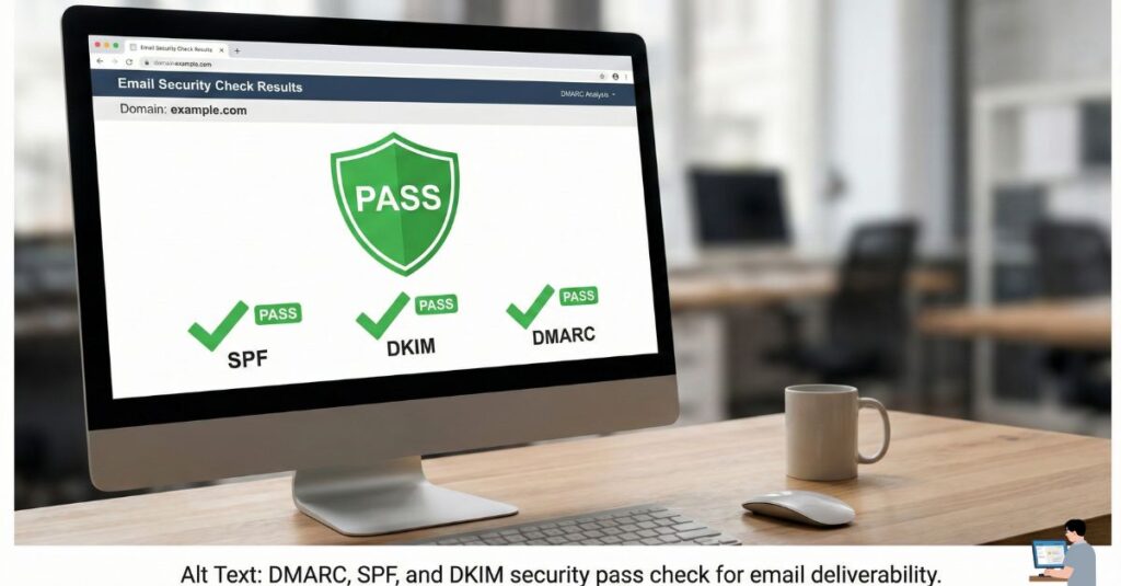 DMARC, SPF, and DKIM security pass check for email deliverability.