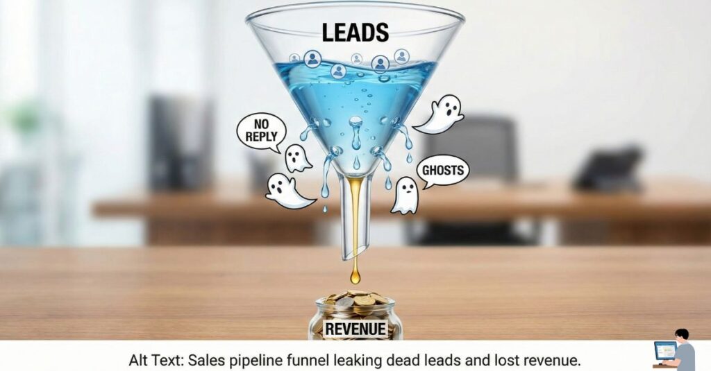Sales pipeline funnel leaking dead leads and lost revenue.