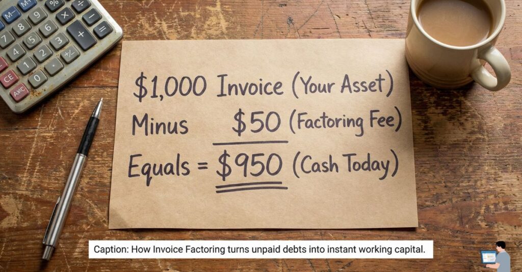 Invoice factoring fee calculation example for small business cash flow.