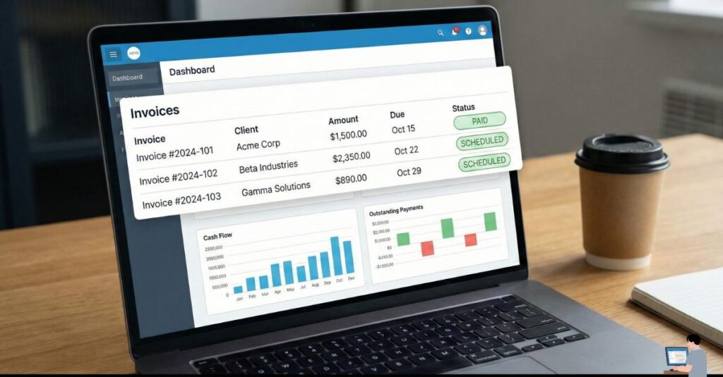 AI accounts receivable dashboard showing paid invoices and cash flow forecast.