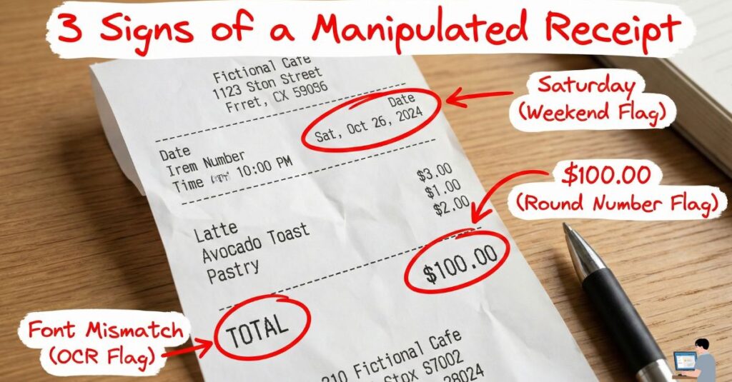 Diagram showing how AI expense auditing software detects font mismatches and fake receipt data.