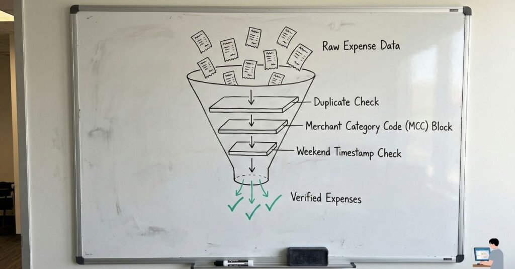 Funnel diagram illustrating the automated expense audit workflow and fraud detection filters.