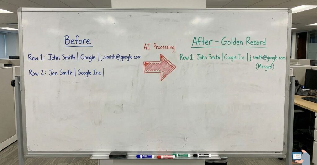 Diagram showing AI fuzzy matching logic merging two duplicate CRM records into one golden record.