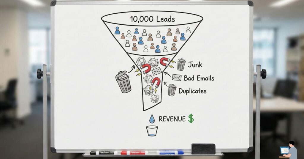 Sales funnel clogged with dirty data and duplicate leads reducing revenue.