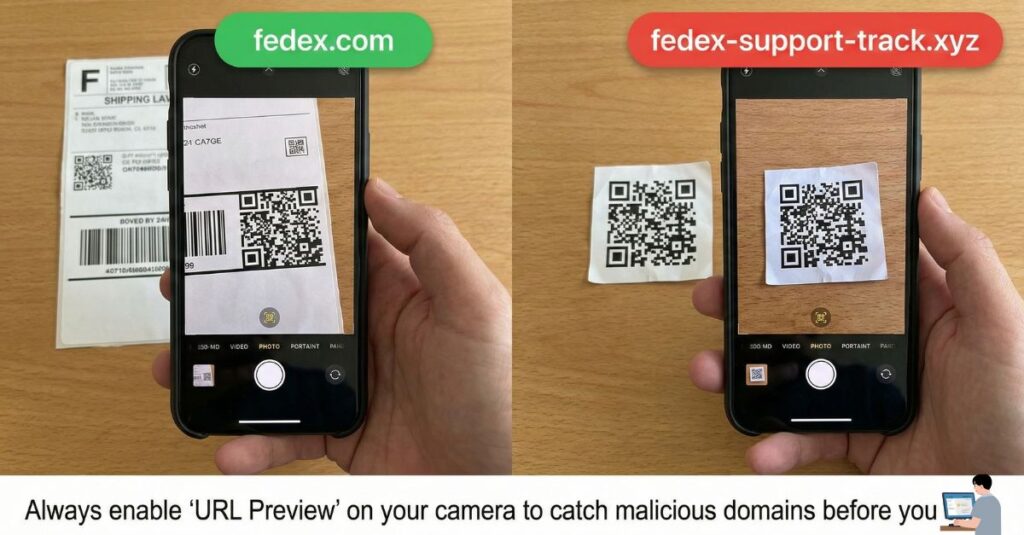 Safe vs Unsafe QR code URL preview on iPhone camera.