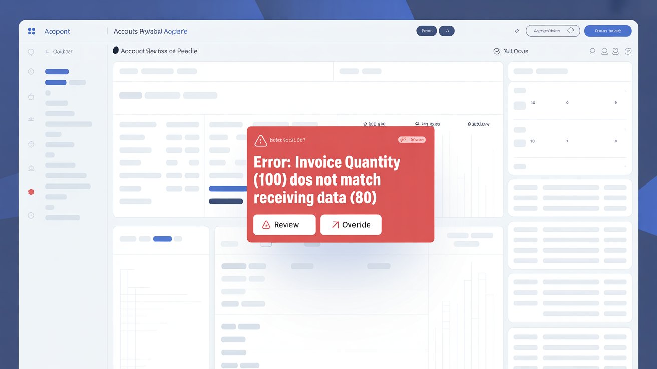 A screenshot of an Accounts Payable dashboard or a customized AI prompt interface showing an alert like: ERROR: Invoice Quantity (100) does not match Receiving Data (80).
