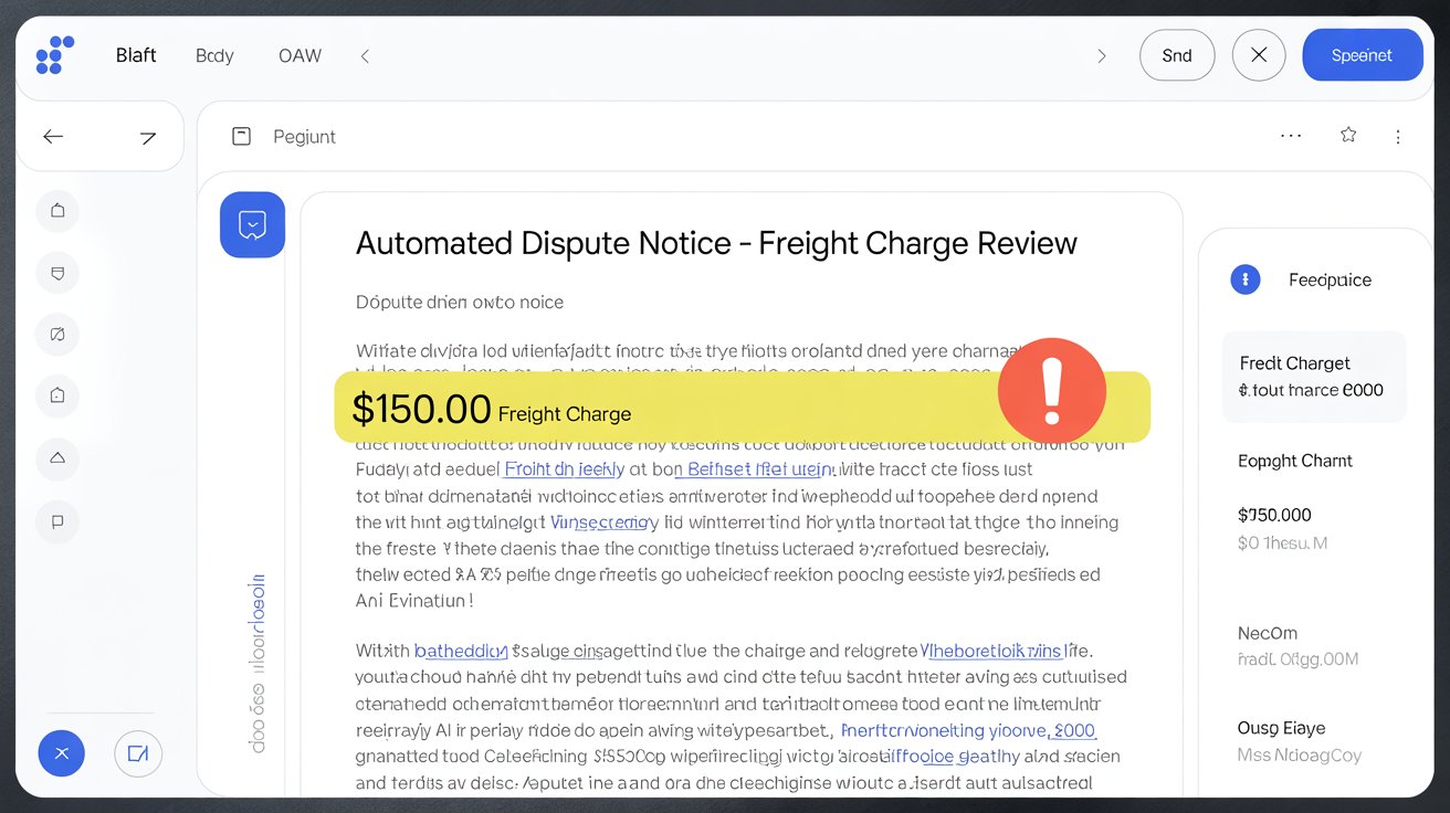 A screenshot of an email draft or an automated dispute notice generated by an AI tool, highlighting a flagged $150 freight charge.