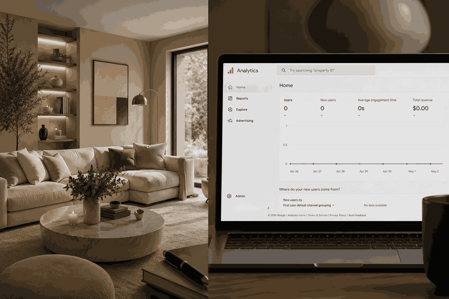 A split-screen style image. Left side shows a beautiful Pinterest-style interior render (warm, aesthetic, high saves). Right side shows a laptop screen with Google Analytics open showing near-zero traffic or a flat revenue graph.