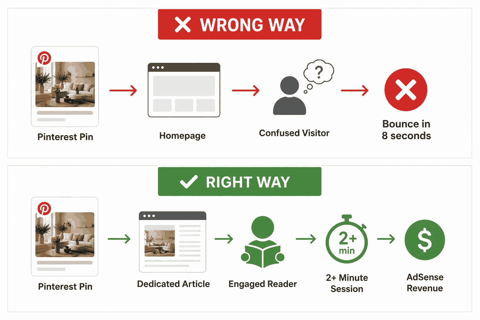  A simple flow diagram in two rows: Row 1 — WRONG WAY (red arrows): Pinterest Pin → Homepage → Confused Visitor → ❌ Bounce in 8 seconds Row 2 — RIGHT WAY (green arrows): Pinterest Pin → Dedicated Article → Engaged Reader → ✅ 2+ minute session → AdSense revenue
