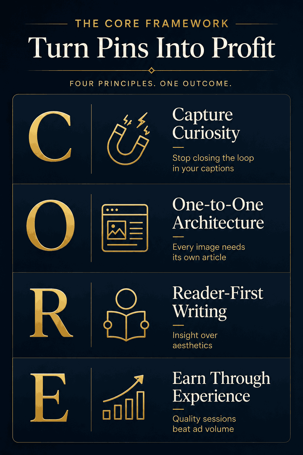 A clean four-quadrant box or a vertical list graphic showing: C — Capture Curiosity      (Stop closing the loop in your captions)  O — One-to-One Architecture      (Every image needs its own article)  R — Reader-First Writing      (Insight over aesthetics)  E — Earn Through Experience      (Quality sessions beat ad volume)